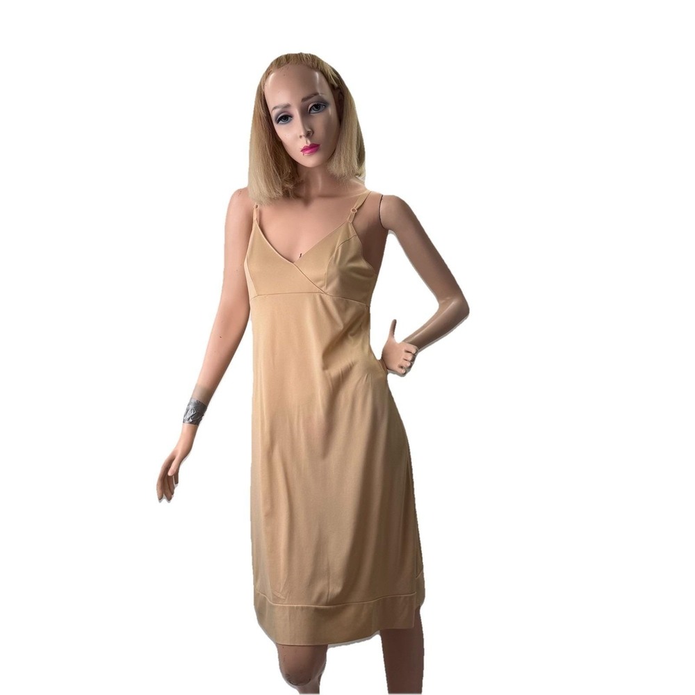 Vintage St. Michael Nylon Full Slip Dress Beige Midi UK-Made 100% Nylon‎ Medium